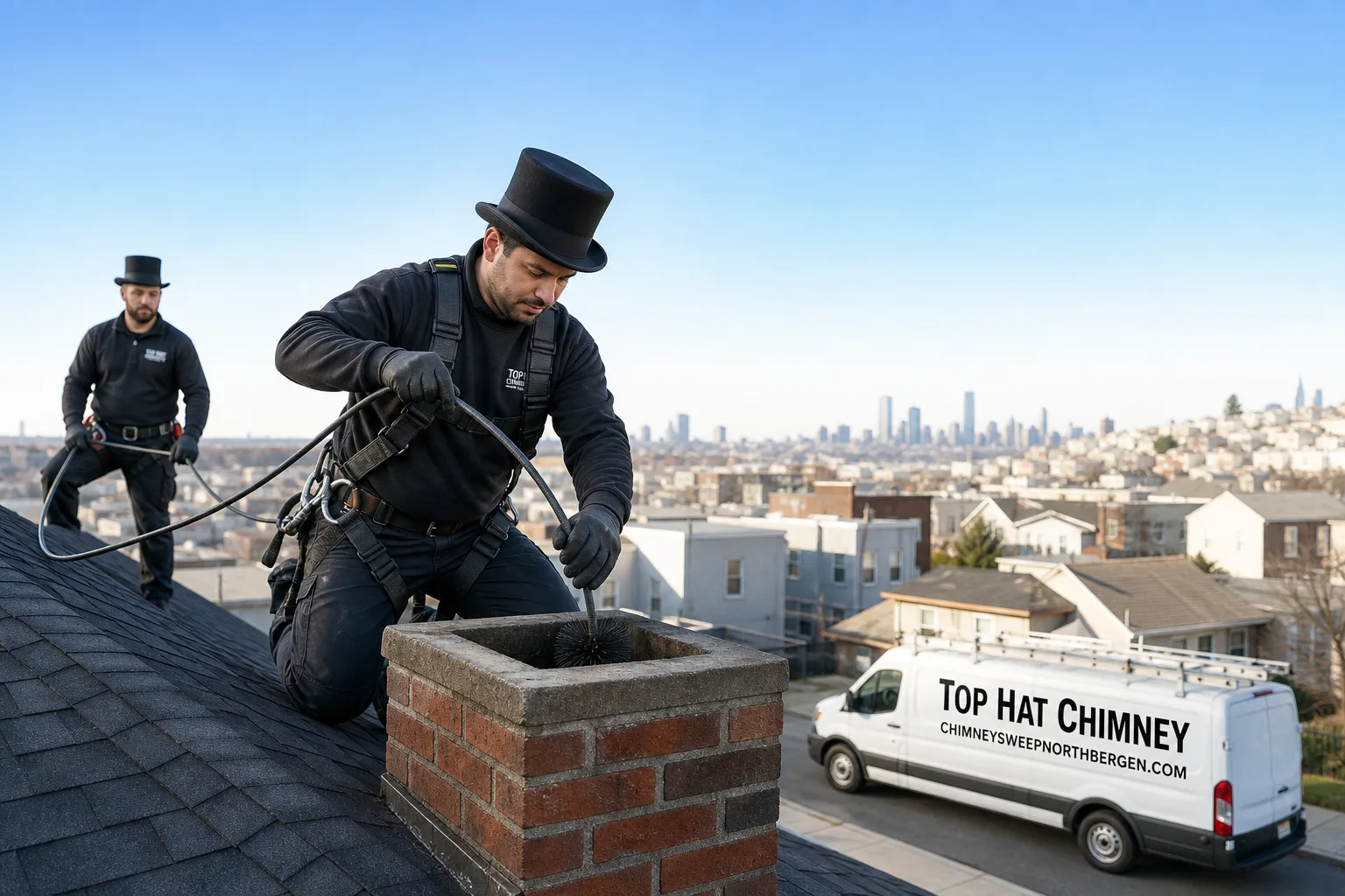 Top Hat Chimney chimney cleaning service vehicle and crew in North Bergen, NJ